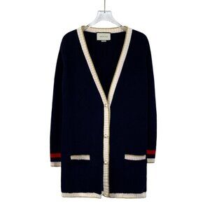 DW0178 Gucci Navy Wool Cardigan With Ivory Trim Red "Loved" Back Detail